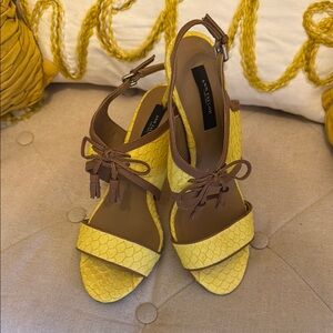 Ann Taylor Yellow and Brown Heeled Sandals with Bow Details